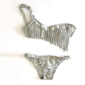 DESPI GRAY SINGLE STRAP HANGING FRINGE ROPE BIKINI TOP BOTTOM SET